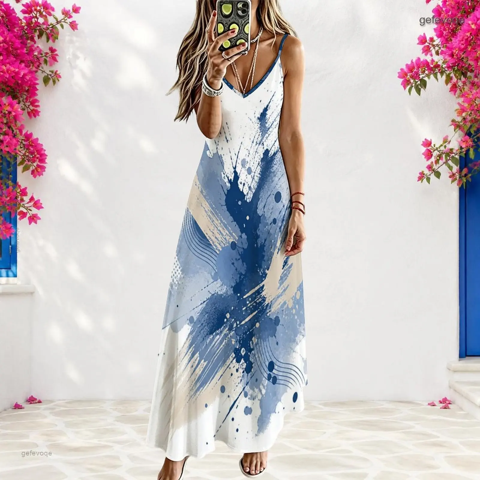Women Abstract Ink Splash Printed V Neck Strappy Sleeveless A Line Long Dress Blue White Beige