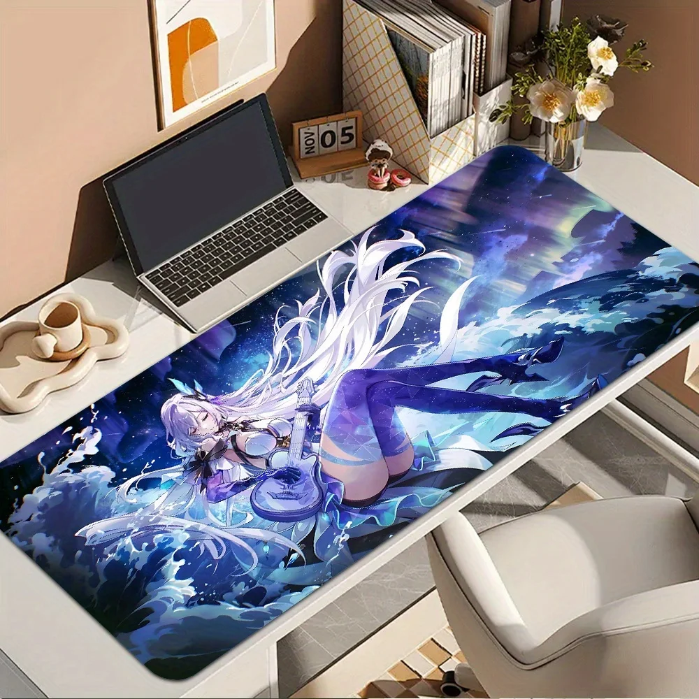 Stylish Blue Water Fantasy Anime Girl Desk Pad, XXL Waterproof Rubber Mouse Mat with Ethereal Ocean Art for Gaming & Daily Use