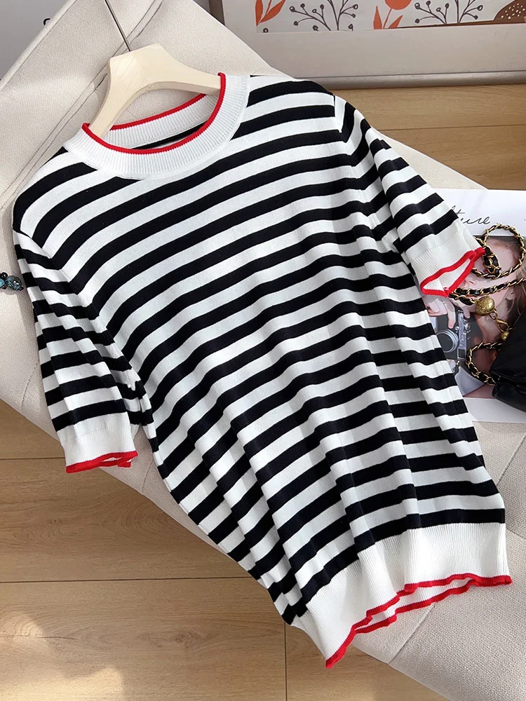 

Pure Cotton Striped ort Sve T-irt Women's round Ne Overhead Faion Loose f Sve Vest ort Knitted Top Summer