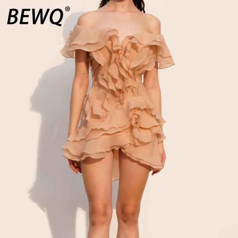 

BEWQ модное женское элегантное платье с v-образным вырезом и оборками, высокой талией, без рукавов, сексуальное вечернее платье, новинка осени 2021, новинка