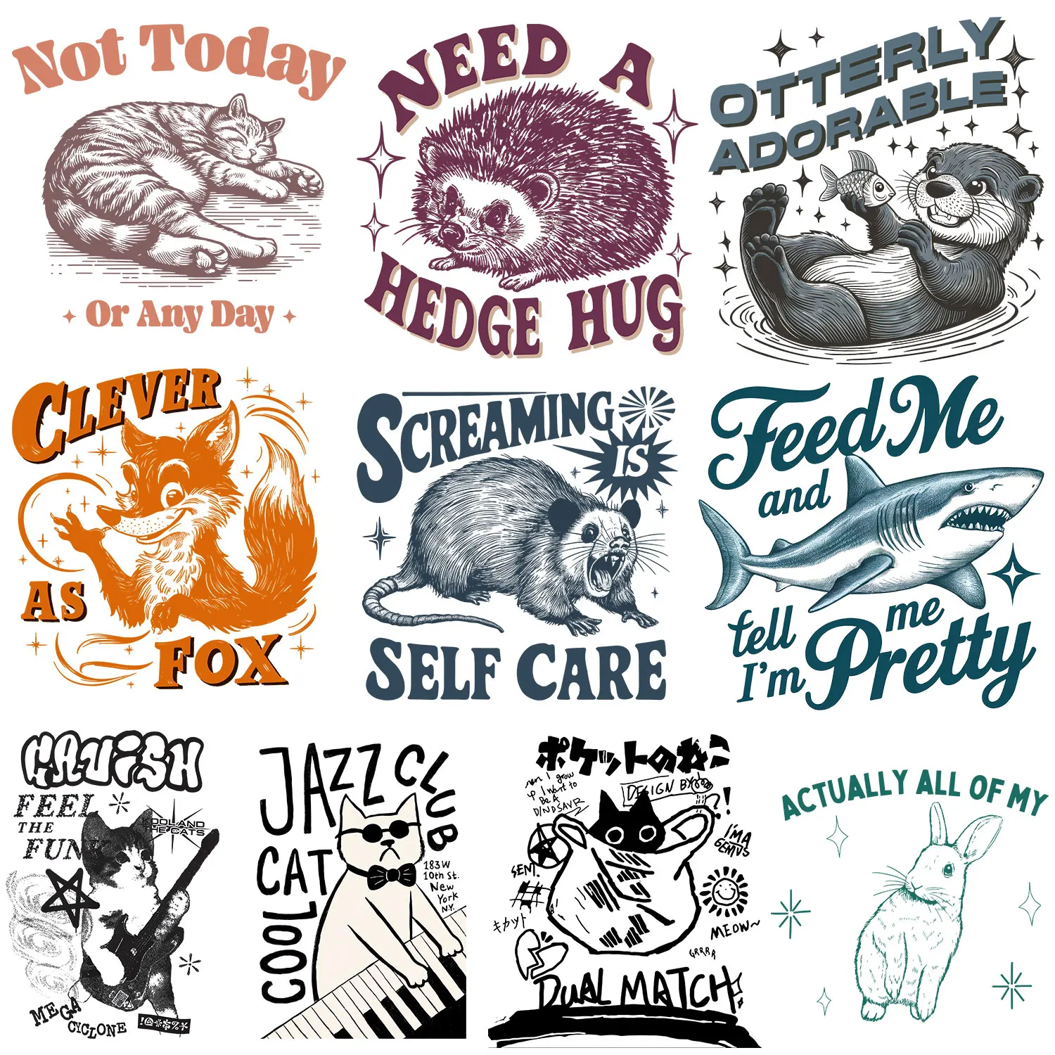 Calcomanías de dibujos animados de animales de línea, parches duraderos para planchar en la ropa, decoración DIY, Estilo Vintage, Rock, Cat, Shark, mapache