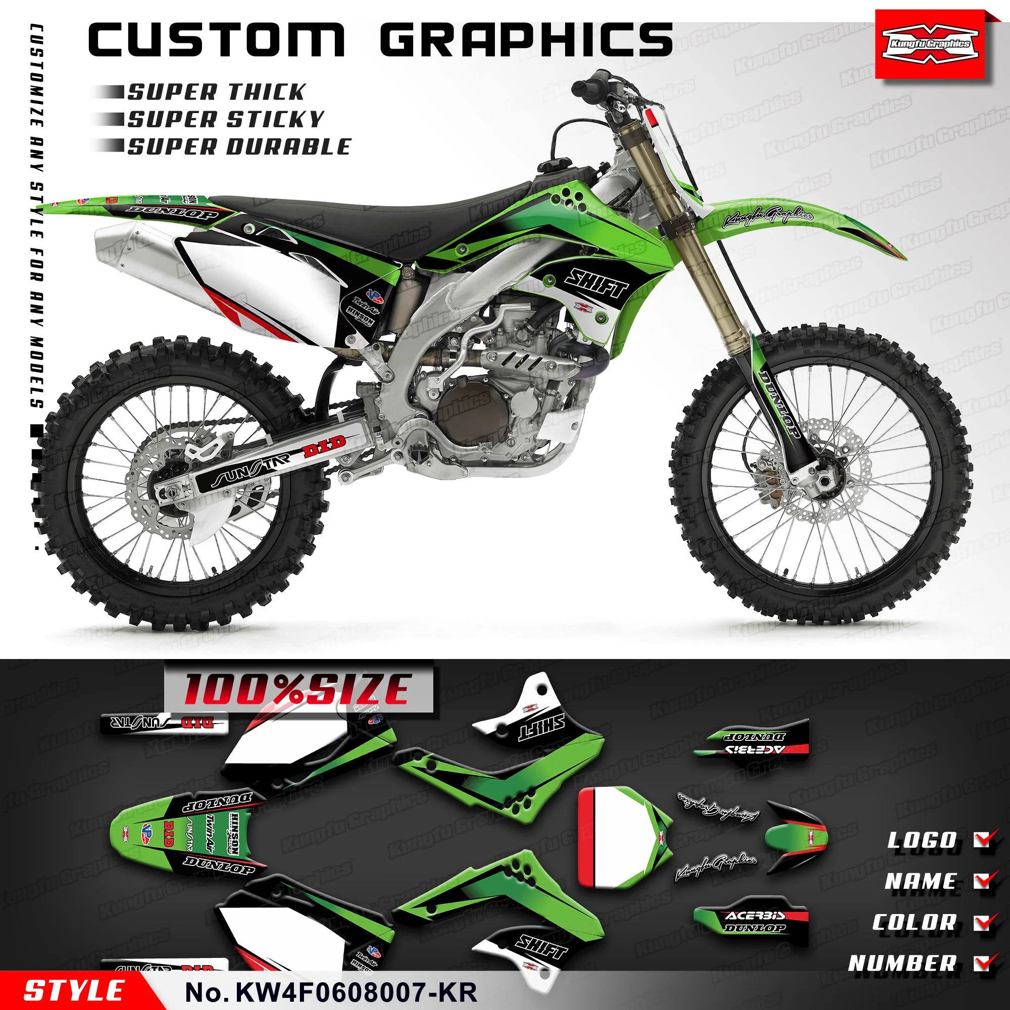 

KUNGFU GRAPHICS Motorcycle Stickers Durable Vinyl for Kawasaki KX450F KXF450 KX 450F 2006 2007 2008, KW4F0608007-KR