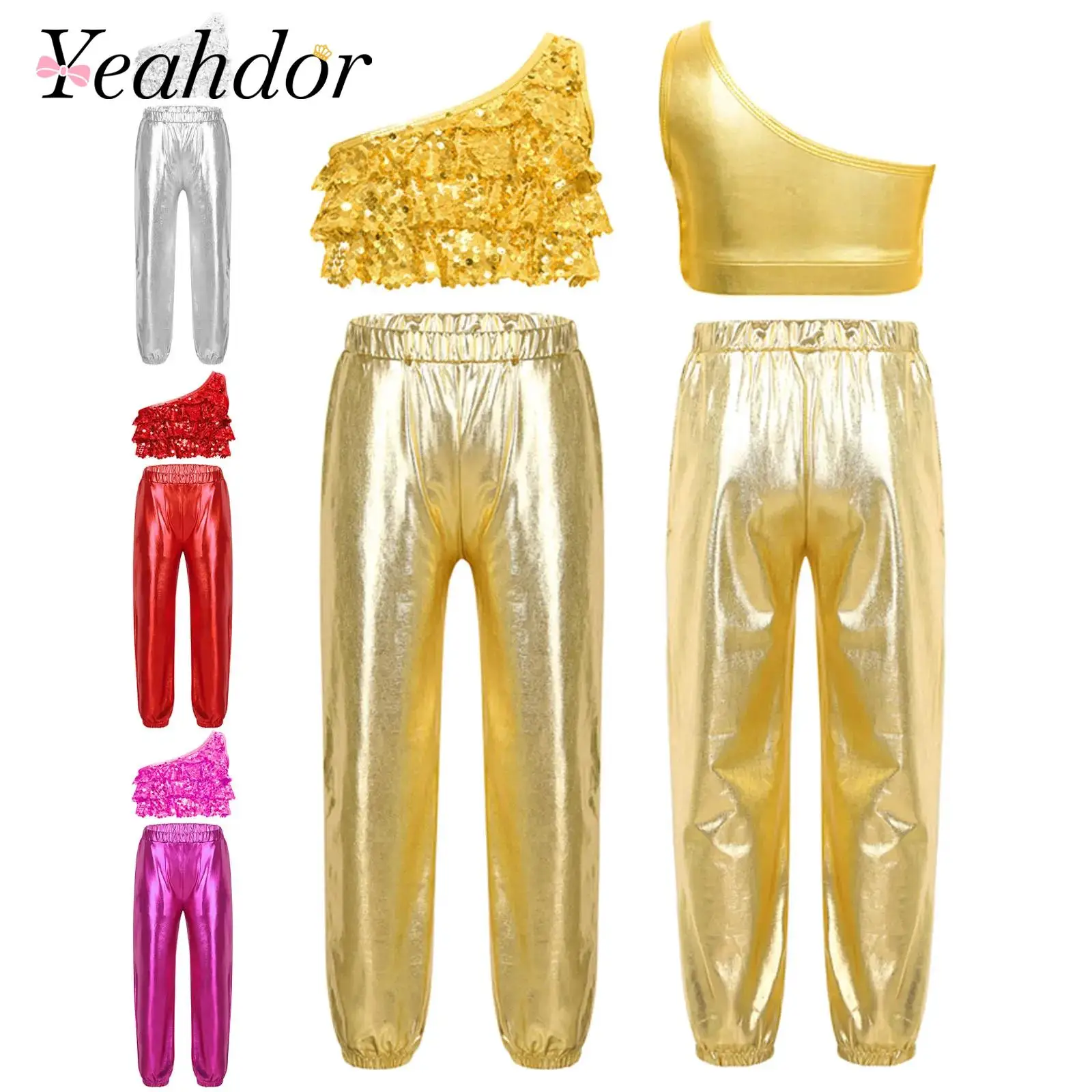 

Metallic Children Hip Hop Outfit Kids Girls Street Jazz Dance Stage Performance Costume Hip-hop Two Pieces Sequin Dancewear Sets