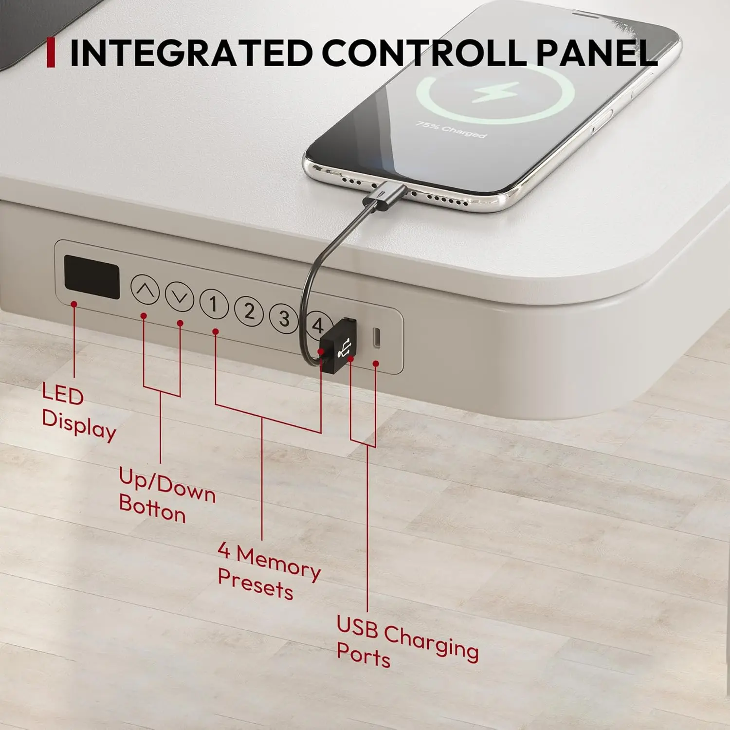 Standing desk with drawers, electric height adjustable home desk with storage and USB ports, 55 "white wood top