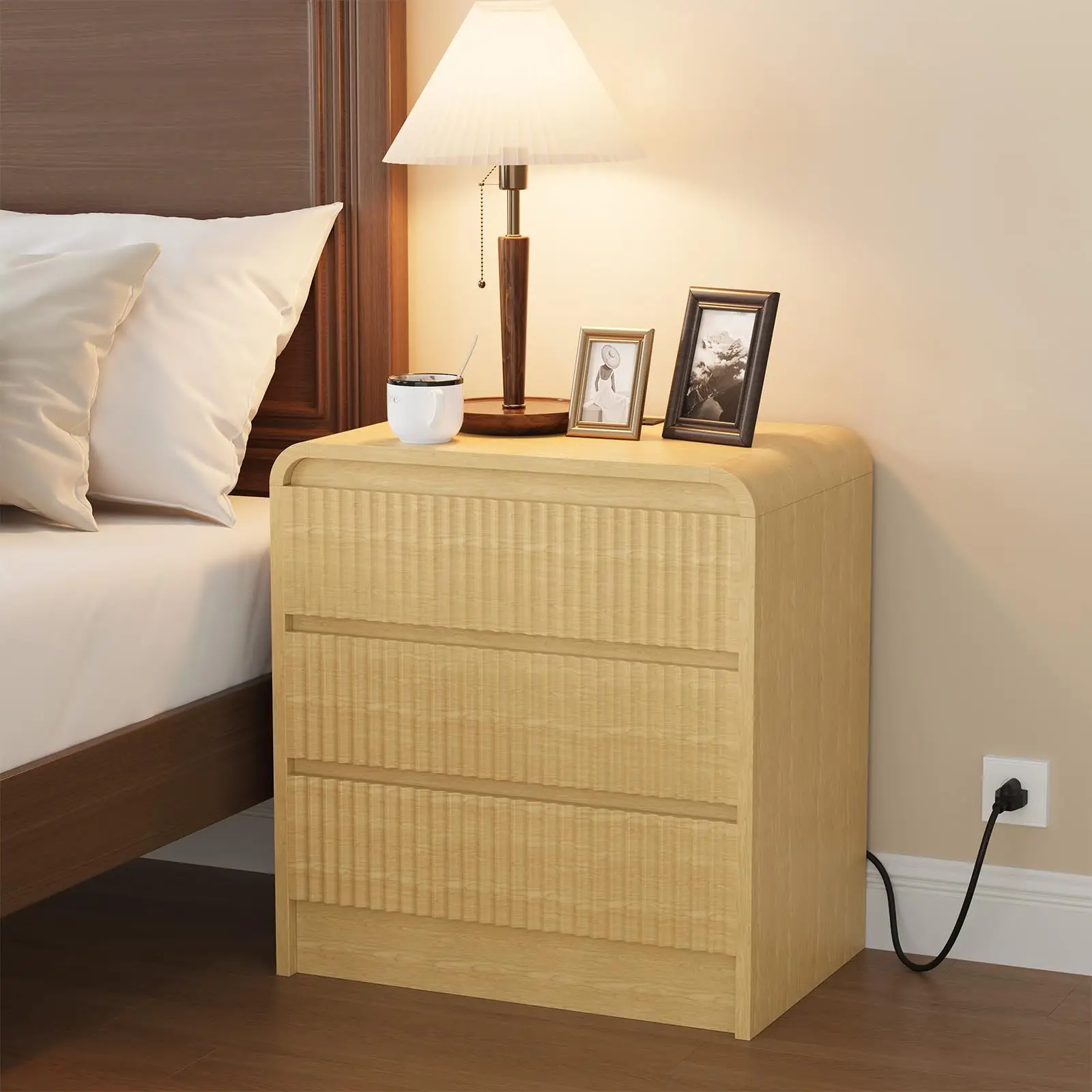 Fluted 3 Drawer Bedside Table With Charging Station USB And Type C Outlets Curved Waterfall Design Modern Slim Bedside Table Gray For Bedroom