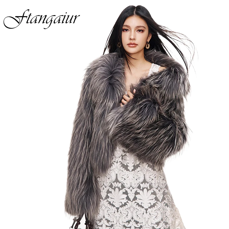 Ftangaiur Women Winter Import Raccoon Dog Fur Coat Light Color Fur Coats Turn-Down Collar Short Natural Raccoon Dog Fur Coats