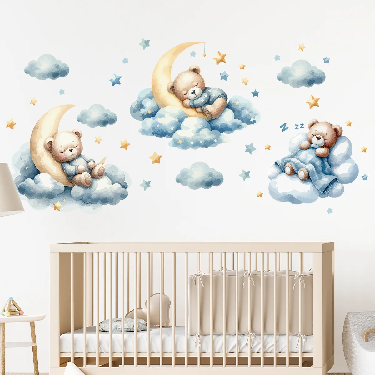 Cartoon Teddy Bear Sleeping on The Blue Cloud Moon Wall Stickers for Kids Room Baby Room Decoration Wall Decals Nursery Interior