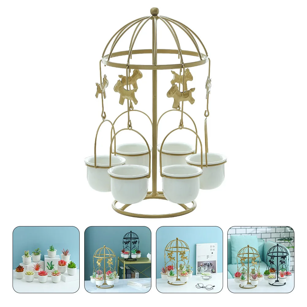 

1Set Succulent Flower Pot Ceramic Carousel Iron Frame Decorative Mini Bonsai Plant Container Home Decoration Desktop Ornament