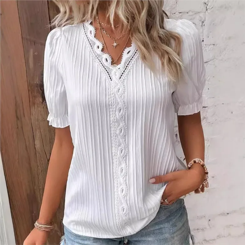 Women's Shirt Blouse Yellow-green Violets White Plain Lace Short Sleeve Casual Basic V Neck Regular Pullover White Blouse Tops