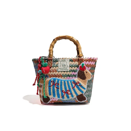 Bolso tejido con perro salchicha a rayas Retro, bolso de mano con colgante de cuerda de nailon, bolso de mano, bolso de playa para mujer