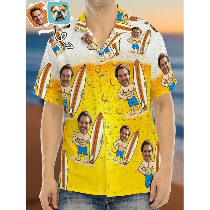 

Hip Hop Beer Party Personality Custom Photo Shirt Unisex Leisure Funny Banana Pepper Pattern Hawaiian Shirts Humour Gift Shirt