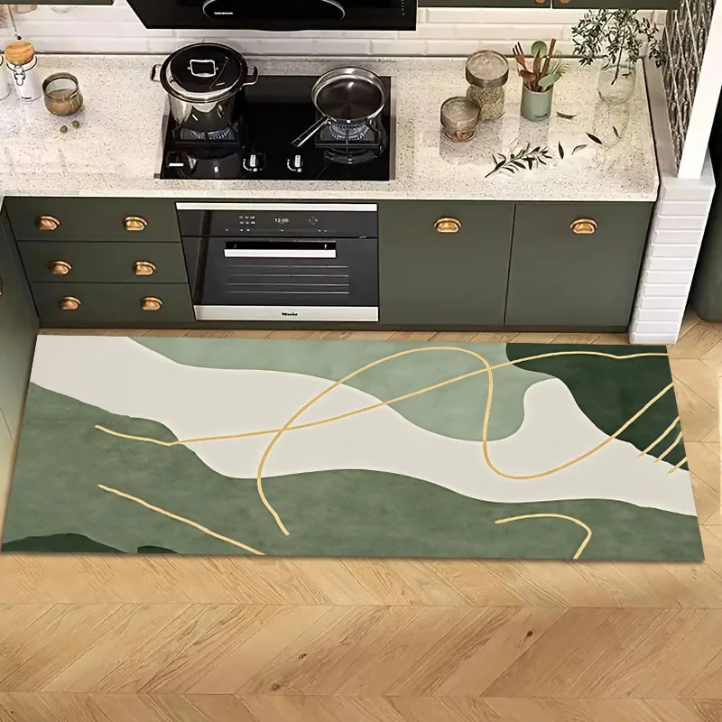 Boho Abstract Green Gold Line Kitchen Runner Rug  Minimalist Wave Shape Non Slip Long Floor Mat for Cooking Area  Rugs  Bedroom