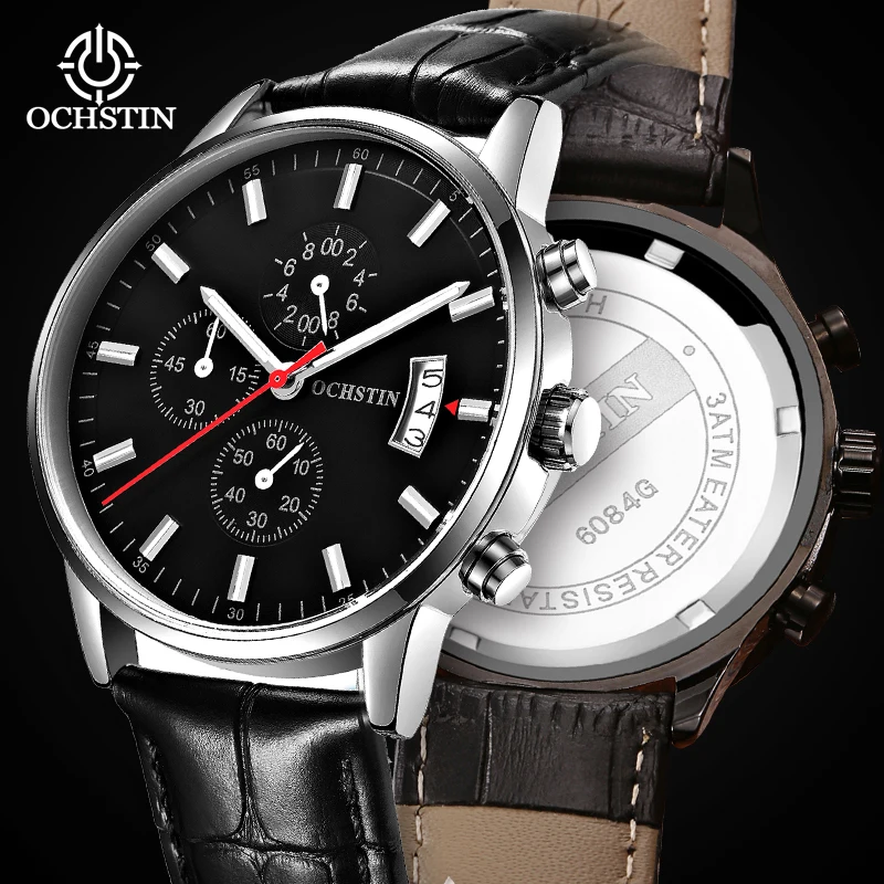 OCHSTIN Man Elegant Business Aviator Dress Watch Crafted Solid Alloy Frame Men's Genuine Leather Strap Quartz Calendar Watches