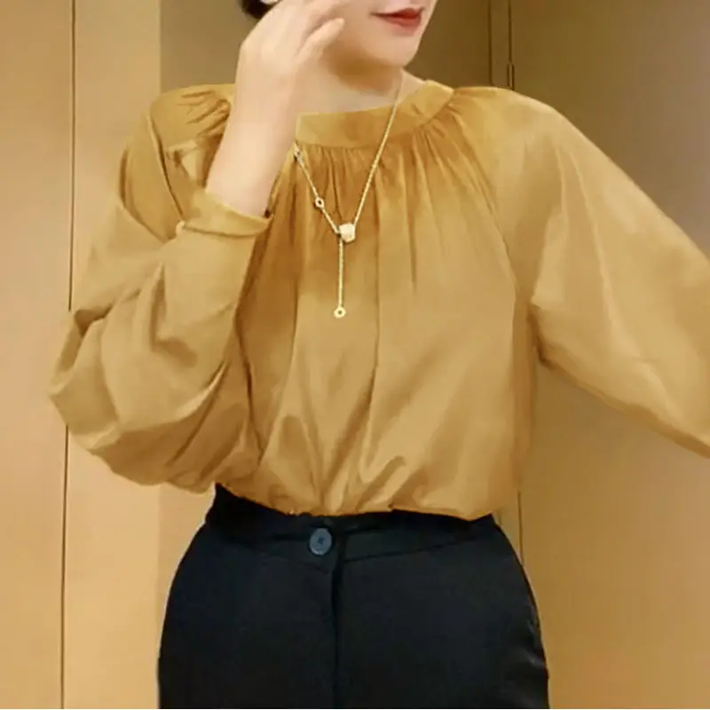 Spring Autumn Fashion Elegant Simple Style Ruffled O Neck Long Sleeve Blouses Tops Women Casual Loose Solid Chiffon Shirt Blusas