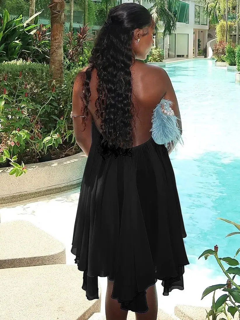 Estranho gato halter vestido solto feminino y2k verão sem mangas sem costas em camadas lrregular hem praia férias sexy tendência festa bodycon