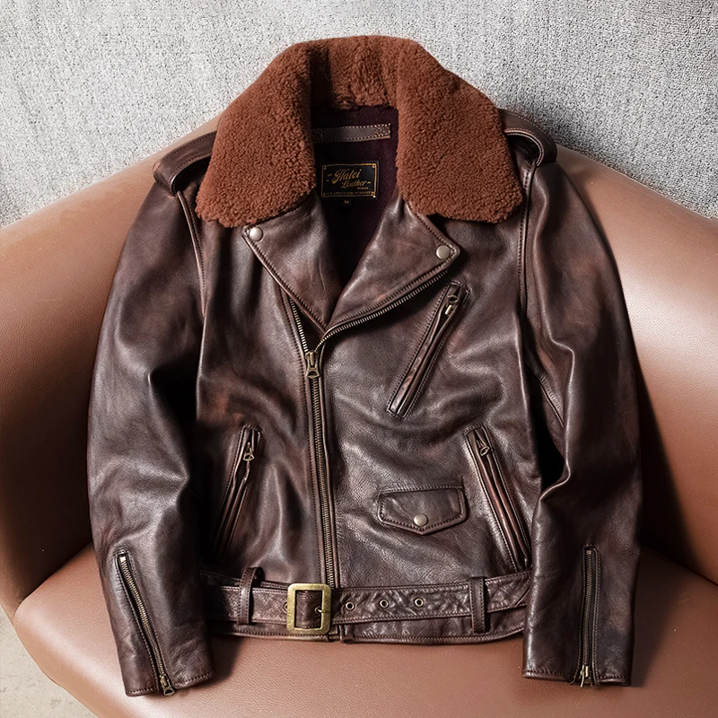 

Ретро-куртка из цветной воловьей кожи высшего качества, мужская приталенная мотоциклетная куртка из натуральной кожи, Harle Youth Vitali