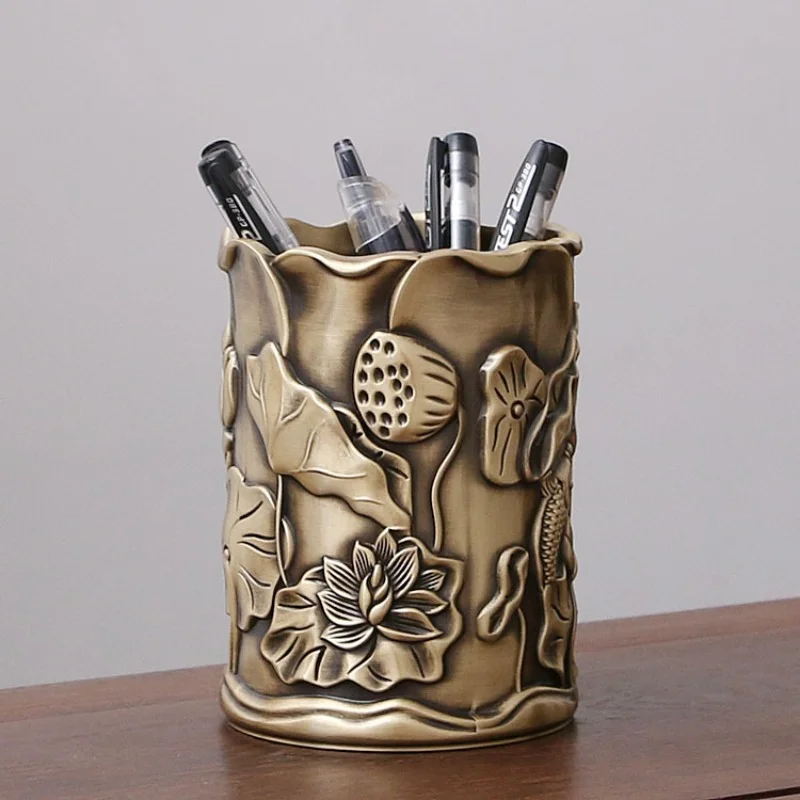 Chinese desk Storage Zen Lotus pen holder Brass Crafts Decoration Office Chinese pen bucket decoration Gift