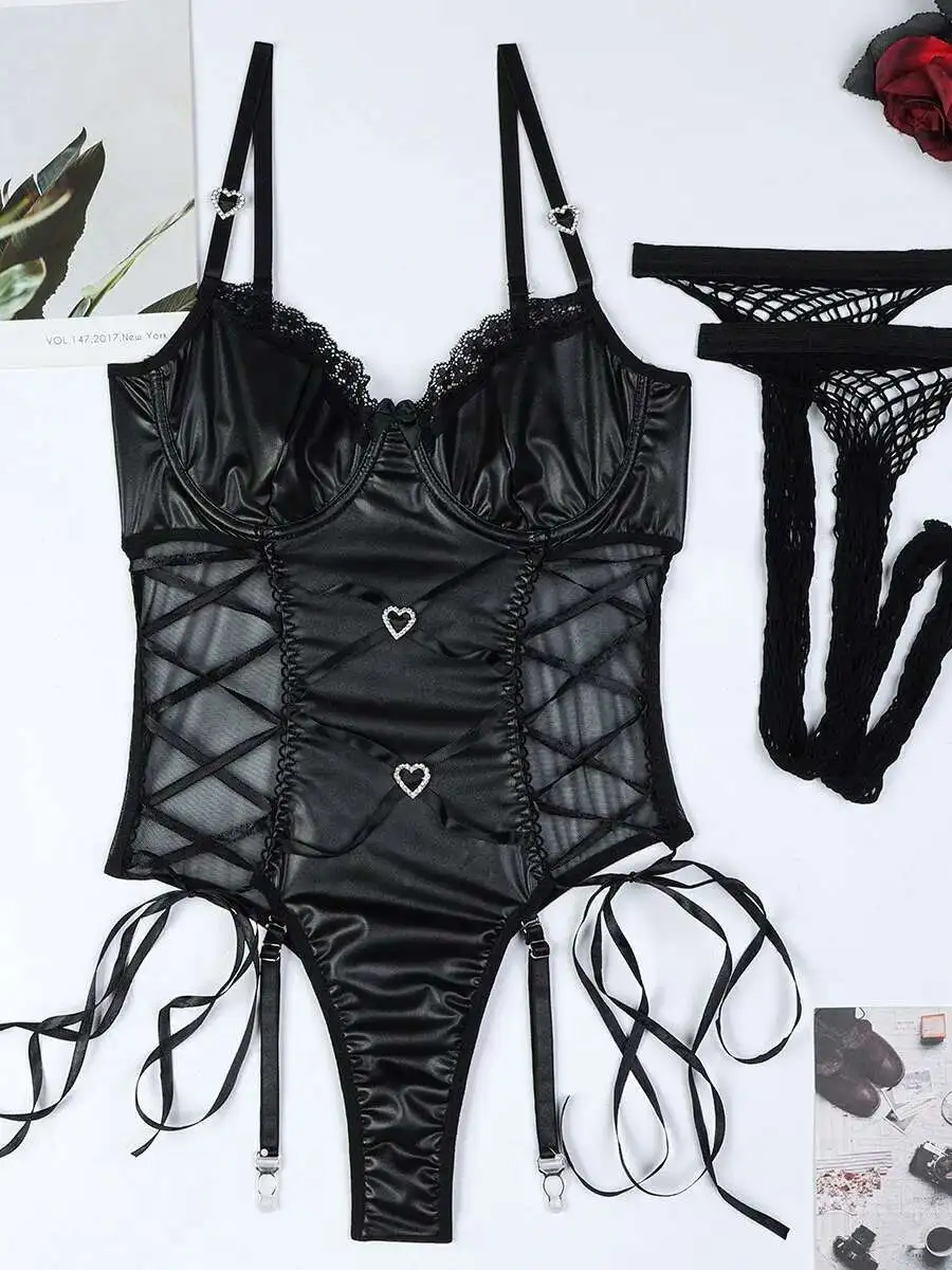 Hollow Out ถุงเท้าตาข่ายยาวสีดํา PU หนังนุ่ม Micro ยืดหยุ่นด้านข้าง Love Cross เซ็กซี่ชุดบอดี้สูทผู้หญิงสบาย 9OMQ