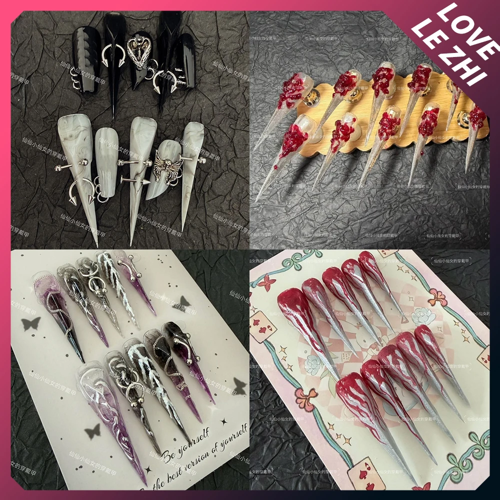 

Spicy Girl Long Beast Claw Eagle Claw Handmade Reusable False Nail Metal Rivet Skeleton Chain Butterfly Wings Press On Nail