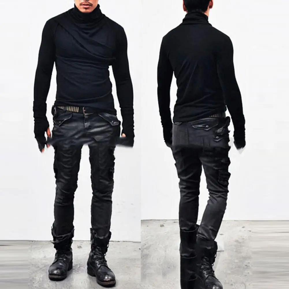 Men Turtleneck Mittens Long Sleeve T-shirt Men Fashion Casual Tee Gloves Male Slim Fit Punk Costume Clothing Top Coats