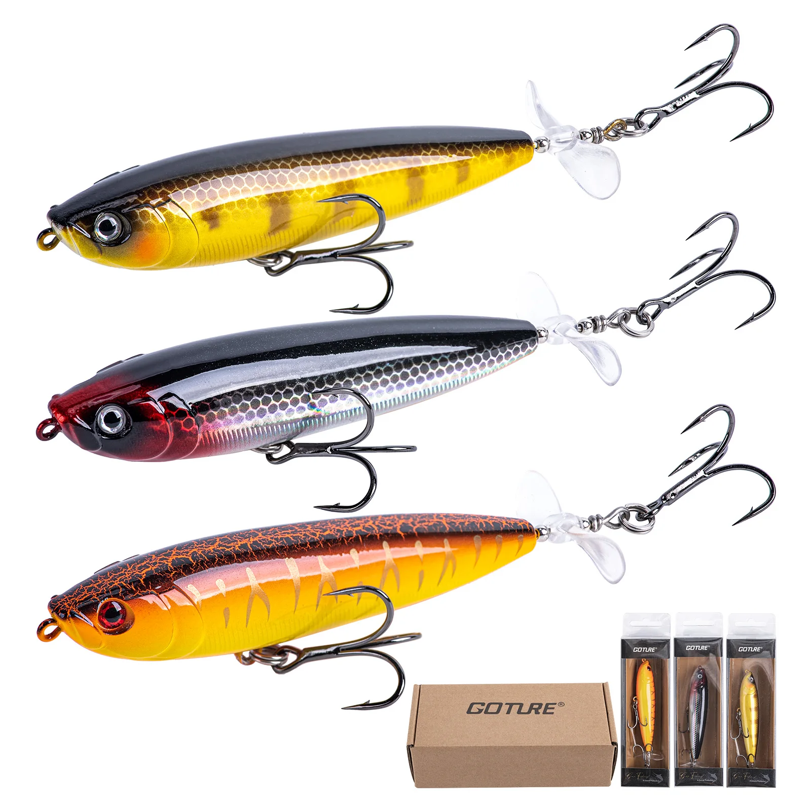 Goture Topwater Fishing Lures Plopper Fishing Lure with Floating Rotating Tail,with Treble Hooks for Bass Trout Pike Snakehead