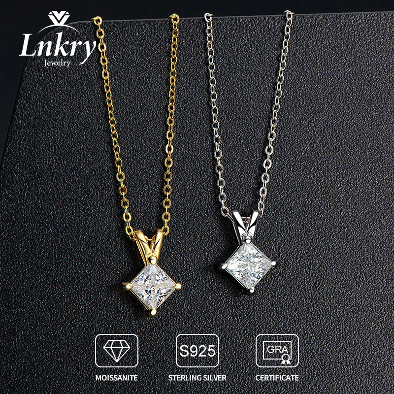 

Сертифицированное Lnkry ожерелье из муассанита огранки принцессы 5,5x5,5 мм для женщин, натуральное серебро 925 пробы, квадратный кулон, ожерелья, подарок