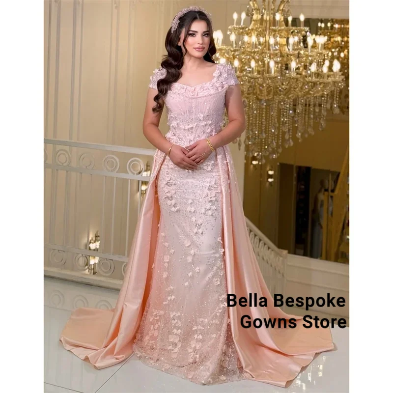 

Customized Pink Mermaid Sequinned Appliques Prom Dresses Draped Short Sleeve vestidos de noche Sweep Train Formal Evening