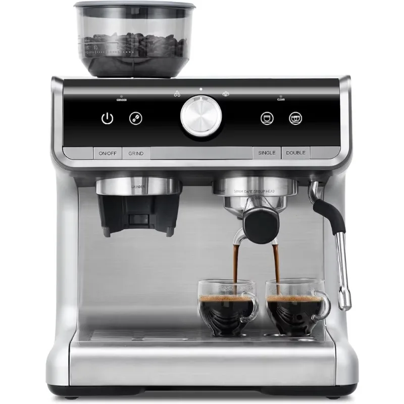 Halbautomatische Espressomaschine – 1450 W/20 Bar, 30 Mahleneinstellungen, schnelles Aufheizen, Milchaufschäumer-Dampfstab, Silber