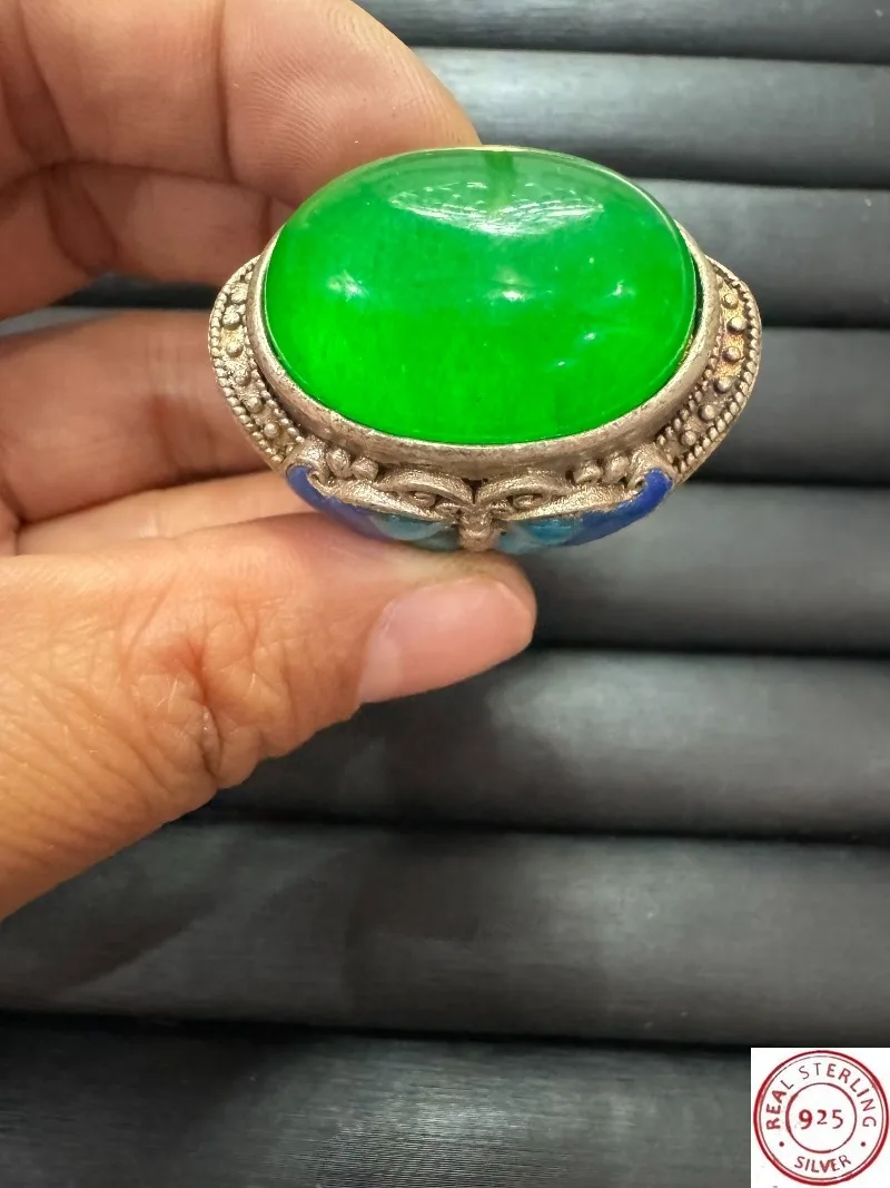 

Tibetan Silver Cloisonne Ring, Inlaid Green Star Gemstone, Retro Ethnic Style, Adjustable Open Band, Unisex Vintage Finger