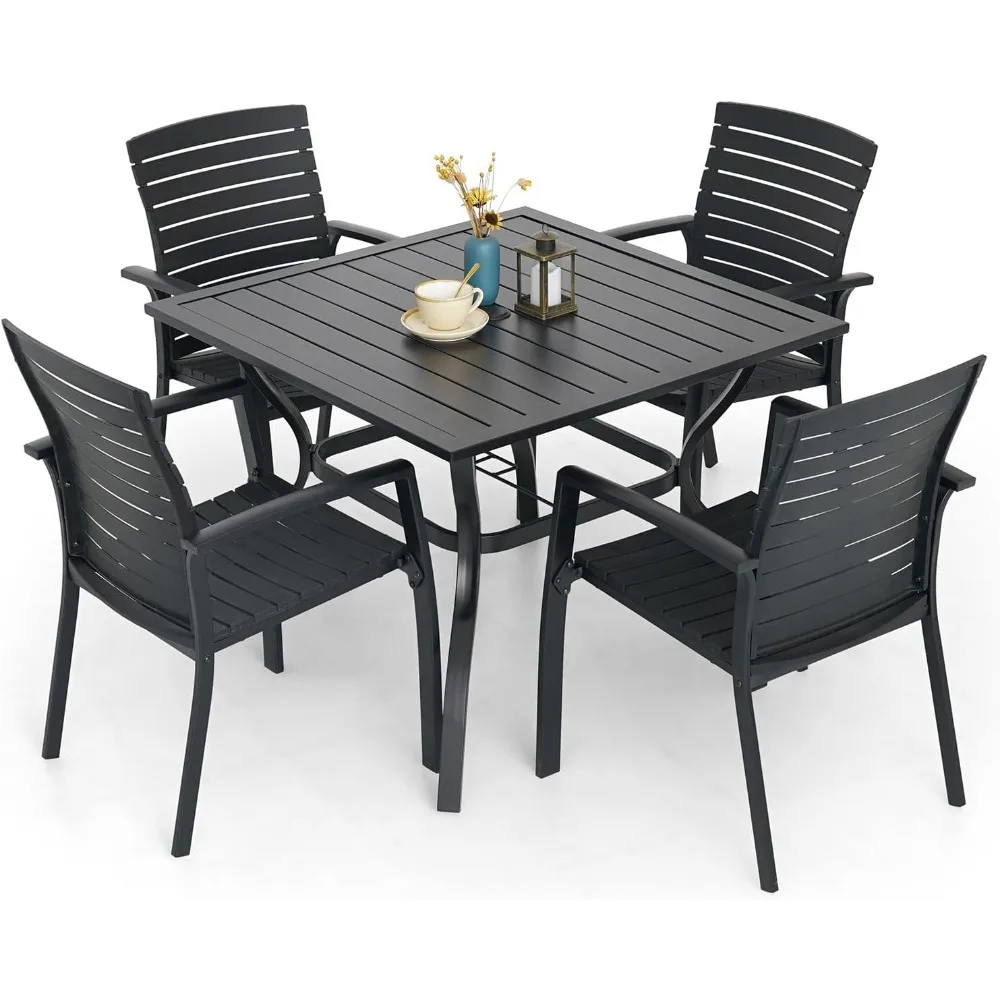 

5-Piece Outdoor Patio Dining Set, 4 Stackable Aluminum/Plastic Chairs ＆ 35‘’Square Table, All Weather Frame Furniture Set - Blac