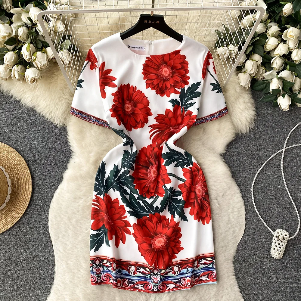 Summer Dresses Fashion Women Clothing 2023 Wedding Party Elegant Vintage Print Dress Round Neck Short Sleeve Straight Mini Dress