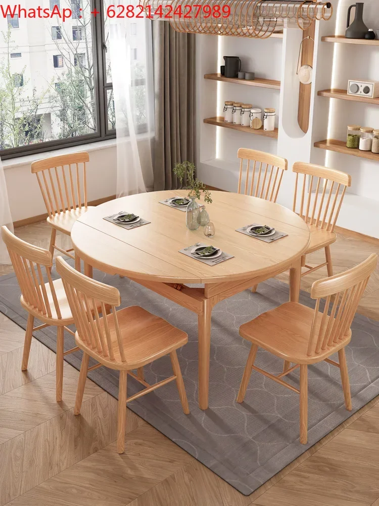 

Nordic all-solid wood dining table and chair combination simple telescopic folding log color dining table household round table