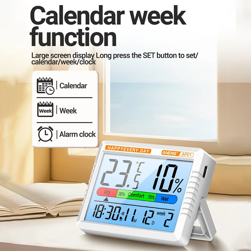 Higrometer Termometer Udara Digital Definisi Tinggi dengan Jam Elektronik untuk Set Pengukuran Multiscene