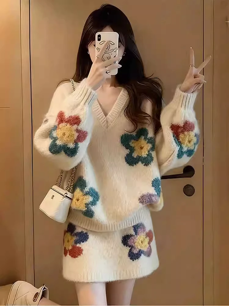 Winter Faion Soft Cozy Sweater Skirt Set Unique Sli High End Look V Ne Long Sve Plant Floral Knitted Thiened Two...