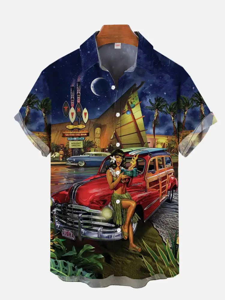 

Classic Hawaiian Tiki Club Hula Girl And Retro Car Printing Short Sleeve Shirts For Men Fashion Hawaiian Shirt Beach Blouses