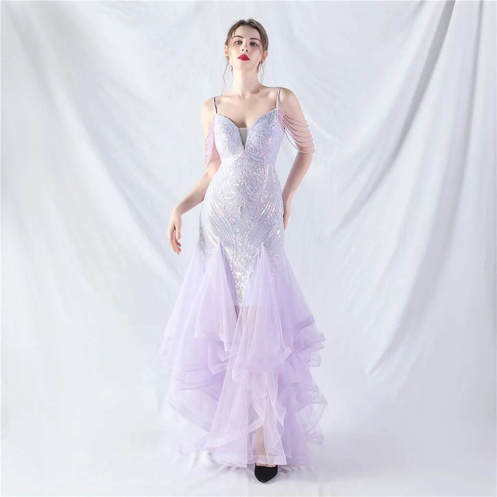 

Customized Women's Spaghetti With Hard Mesh Positioning, Flower Bead Pieces Splicing, Mesh Dance Performance Dress Skirt