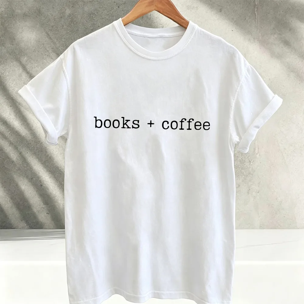 Books + Coffee Typewriter Text Cotton T Shirt Unisex Minimalist Book Lover Coffee Reader Casual Bookish Short Sleeve Tee Student