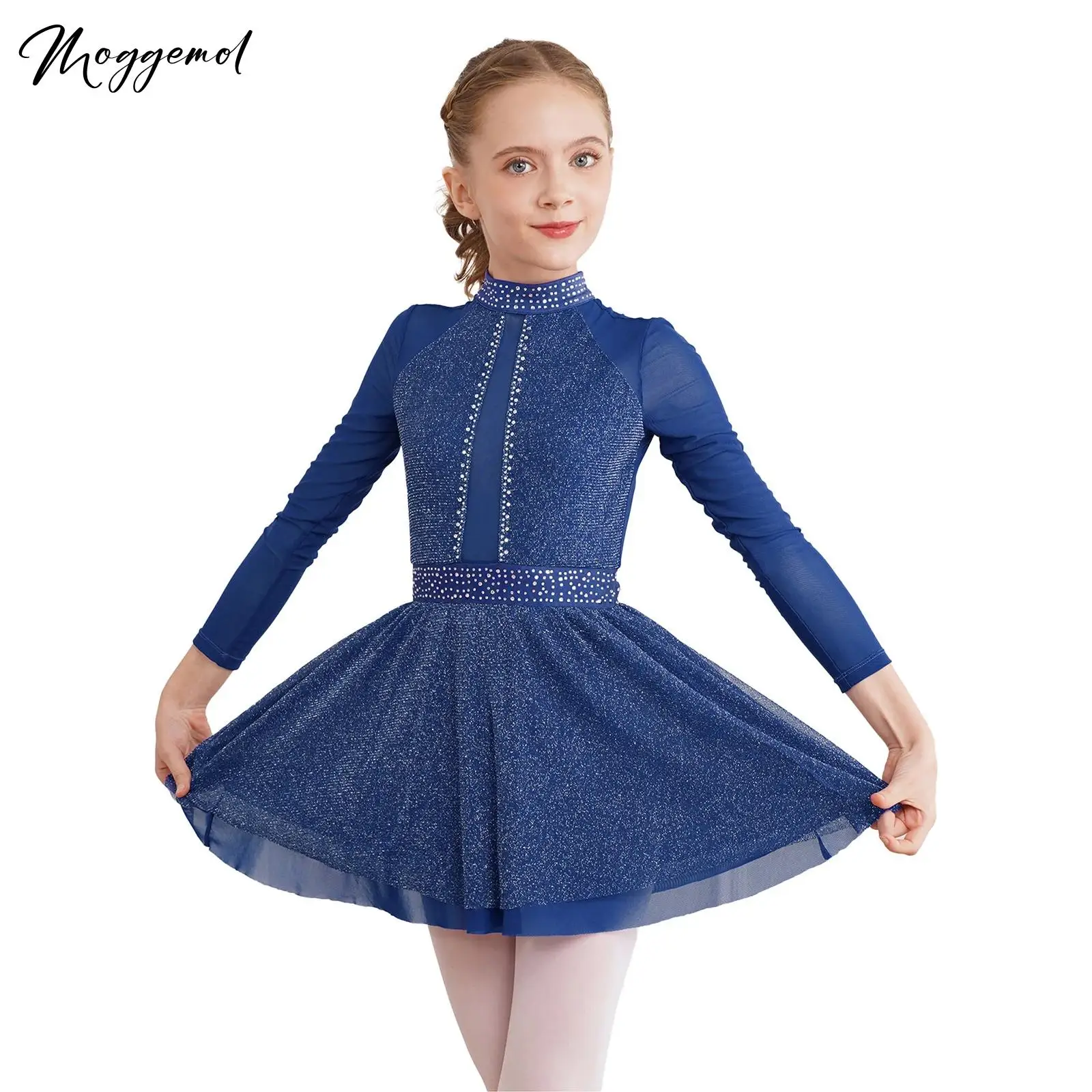 Kids Girls Artistic Figure Skating Dance Dress Gymnatics Ballerina Shimmery Long Sleeve Ballet Lyrical Dancewear Leotard Dress