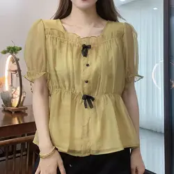 Summer Outfit New Chiffon Shirt with Fashion Short Sleeve Top Lish Age Reducing Waist Cinching Slim Versatile Small Shirt