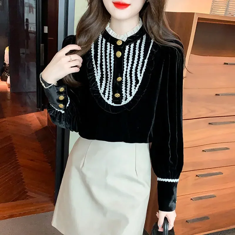 Women's New Gold Velvet Spliced Long Sleeved Button Top with Velvet Autumn Fashion Elegance Versatile Comfortable T-shirt B342