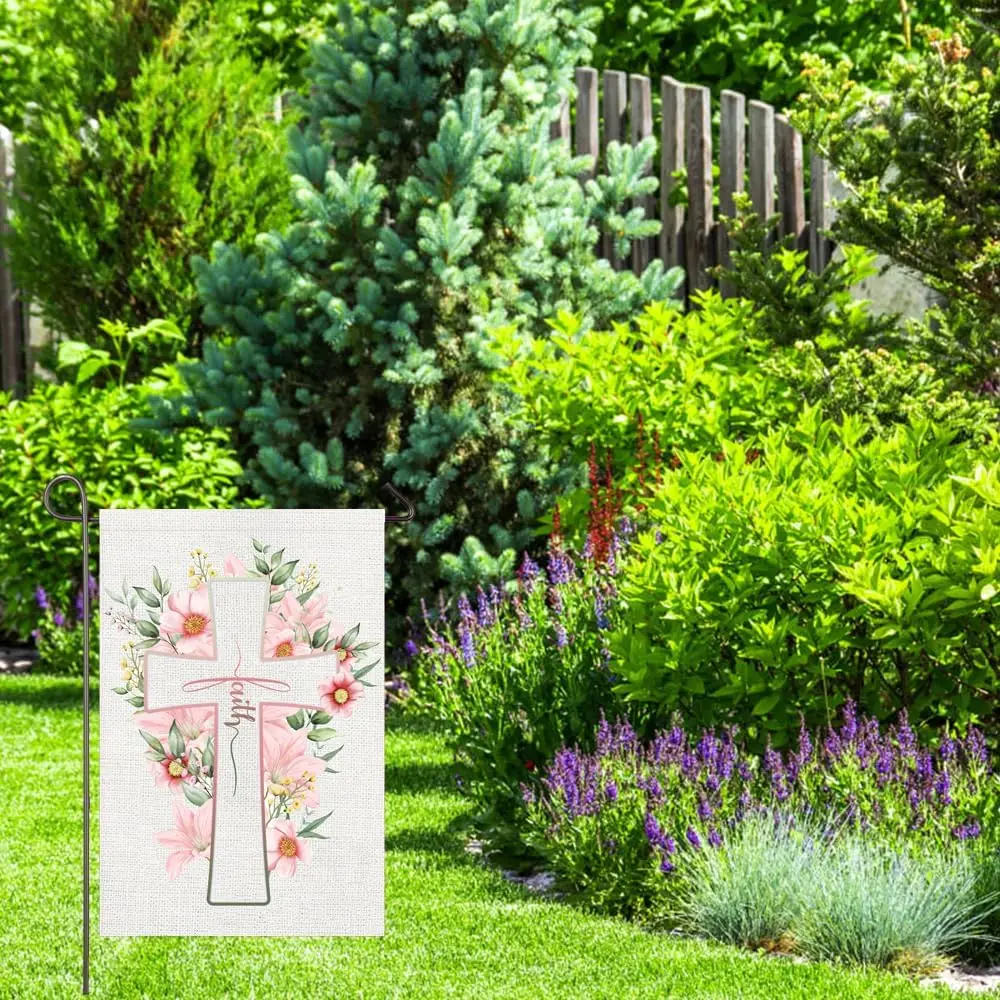 Spring Easter Garden Flag 12x18 Inch Double Sided Floral Faith Cross Yard Flag Religious Outdoor Decoration Home Seasonal Ho yyi