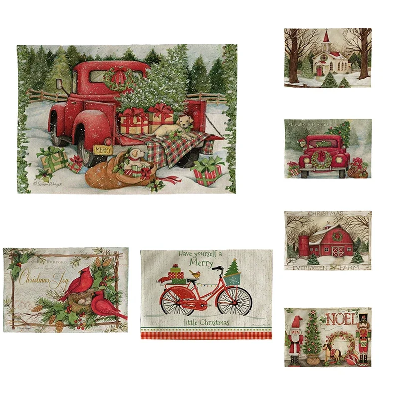 Red Truck Christmas Tree Kitchen Placemat Coaster Dining Table Mats Cotton Linen Pad Bowl Cup Mat 45*32cm Home Decor