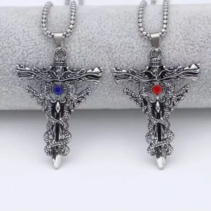 Punk Fashion Titanium Steel Necklace for Men Alloy Double Dragon Sword Pendant Choker Ring Vintage Evil Eye Cross Jewelry Gift