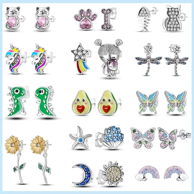 925 Silver Unicorn Cat Paw Small Earrings Dragonfly Butterfly Star Stud Rainbow Original Stud Earrings For Woman Jewelry Gift