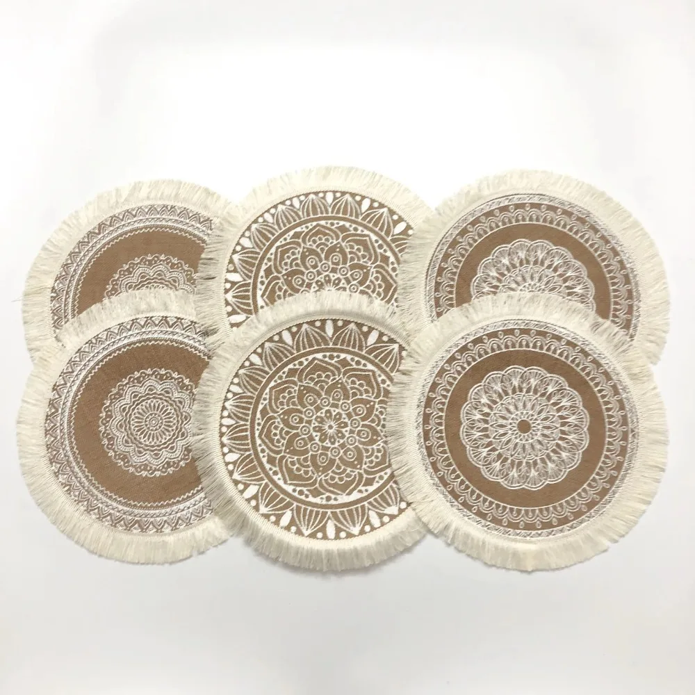 Vintage 38cm/15inch Round Placemat Heat Resistant Non-Slip Cup Coaster Mat with Tassels Washable Woven Vase Mats Dining Table