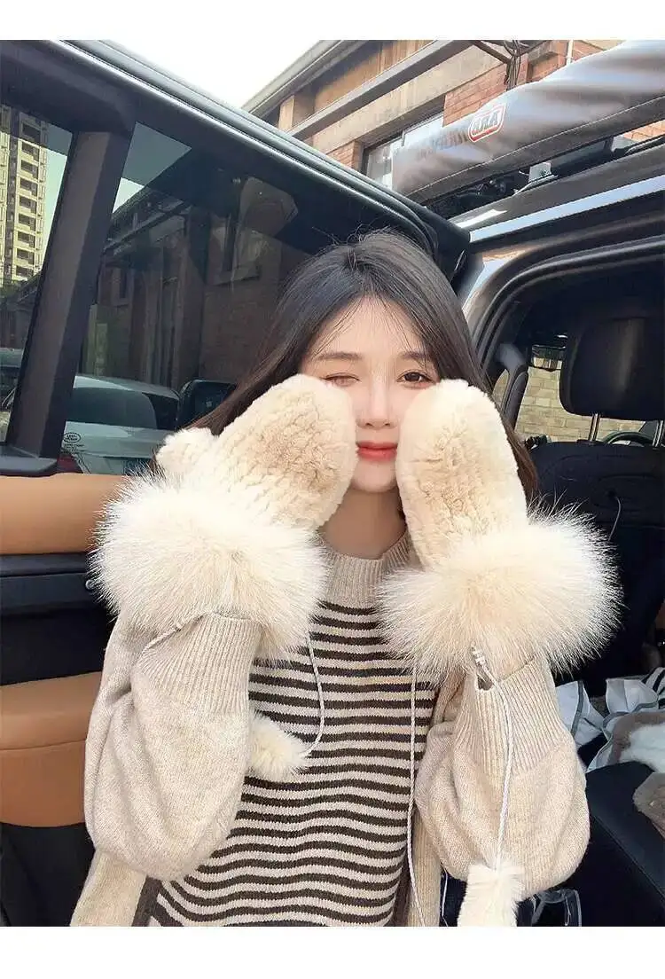 Real Rex Rabbit Fur Gloves For Women Winter Plush Thickened Warm Real Fur Gloves Handmade Knitted Fur Gloves Keep Warm Mittens
