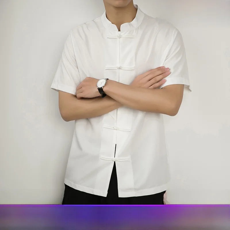 

Men's Tea Ceremony Clothing Ice Silk Cotton Linen Acupuncture Health Center Workwear ort Sve Button up Youthful Sle