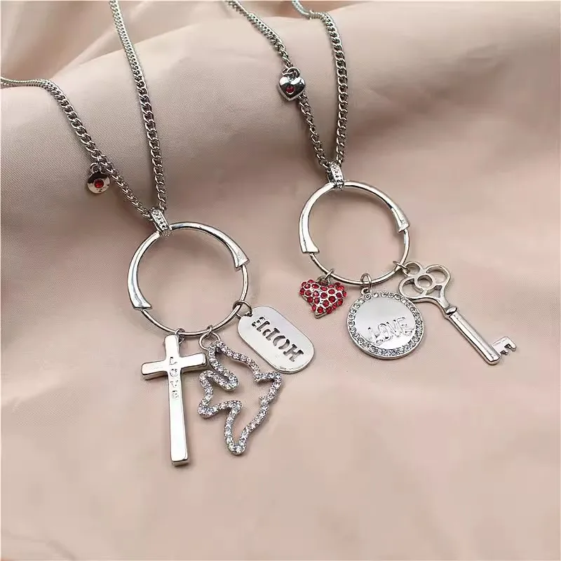 2024 New Fashion Long Sweater Chain Silver Plated Red Rhinestone Heart Key Pendants Necklace For Women Factory Price Wholesale