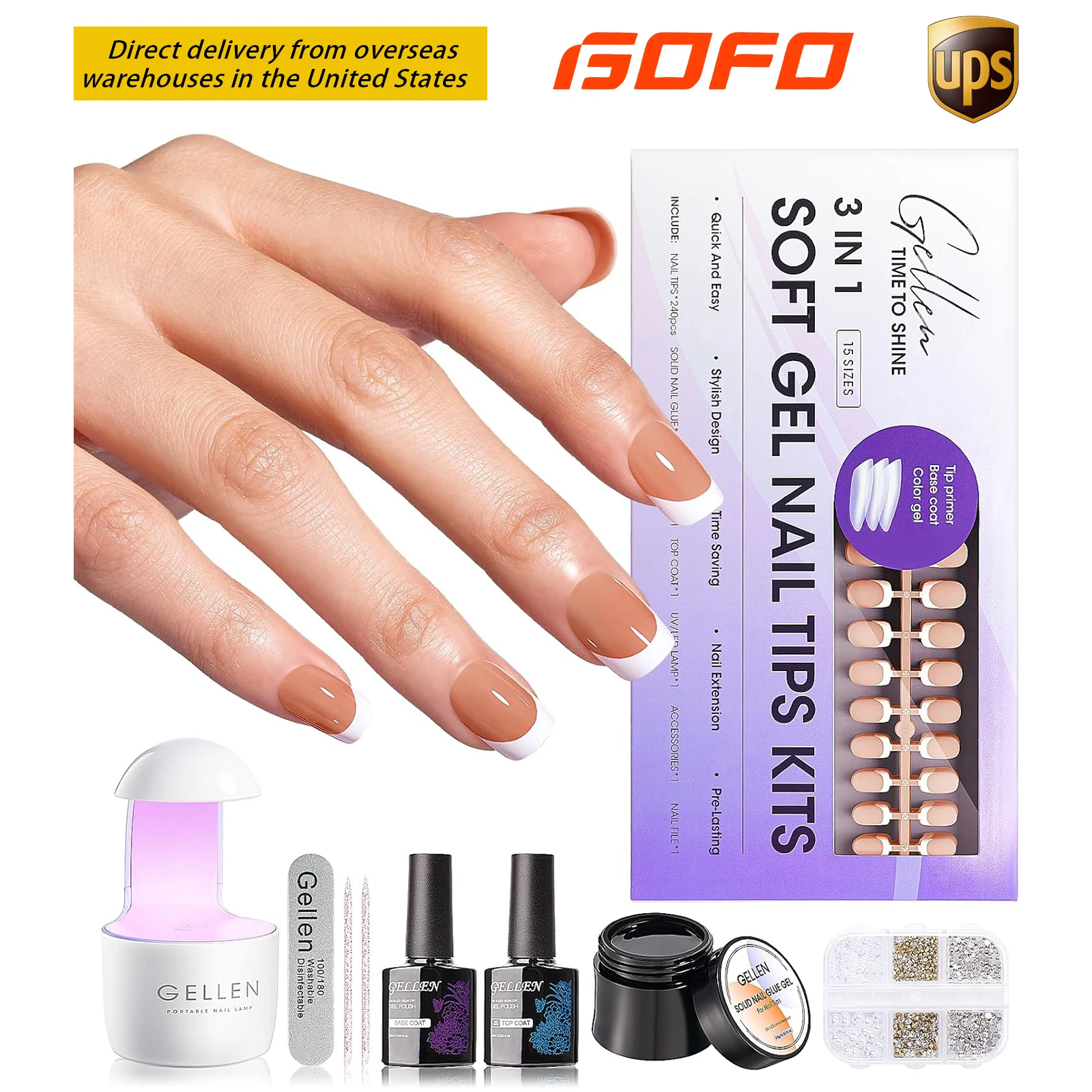 

GELLEN French Manicure Kit with UV Light 150Pcs Short Square Soft Gel Tips Antibacterial Gel Polish Set for Home Salon Brown