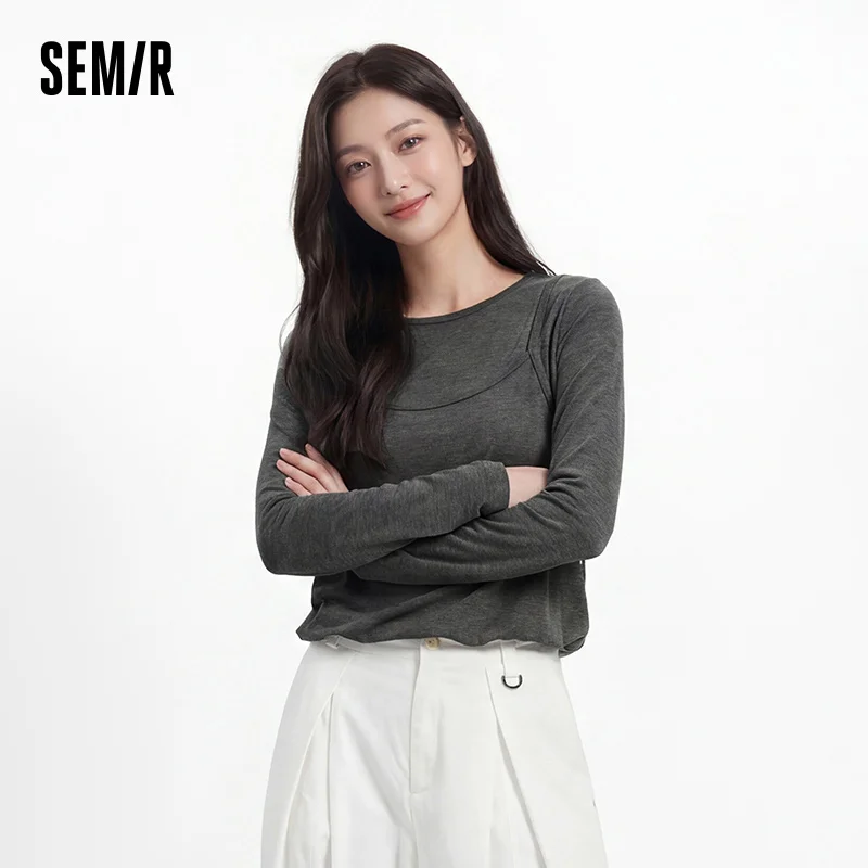 Semir Women Tshirt Long Sleeve Short Faux Two Piece Bubble Hem Slim Solid Sweet Casual Autumn Top Daily Wear 2026